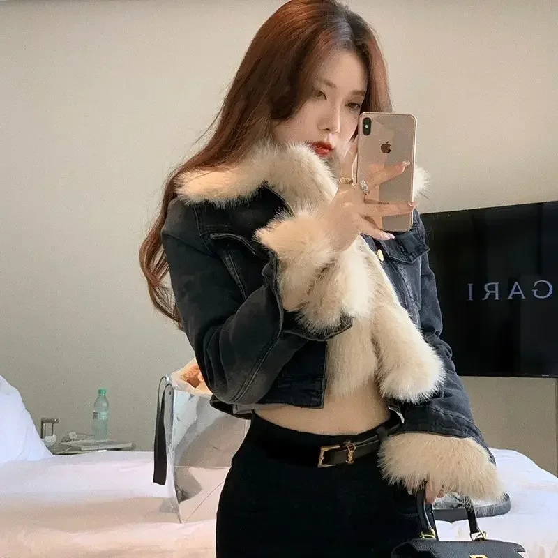 

Design Sense Niche Patchwork Fur Collar Jacket Denim Short Coat Women Autumn Winter 2023 New Outerwear Casual Versatile Street