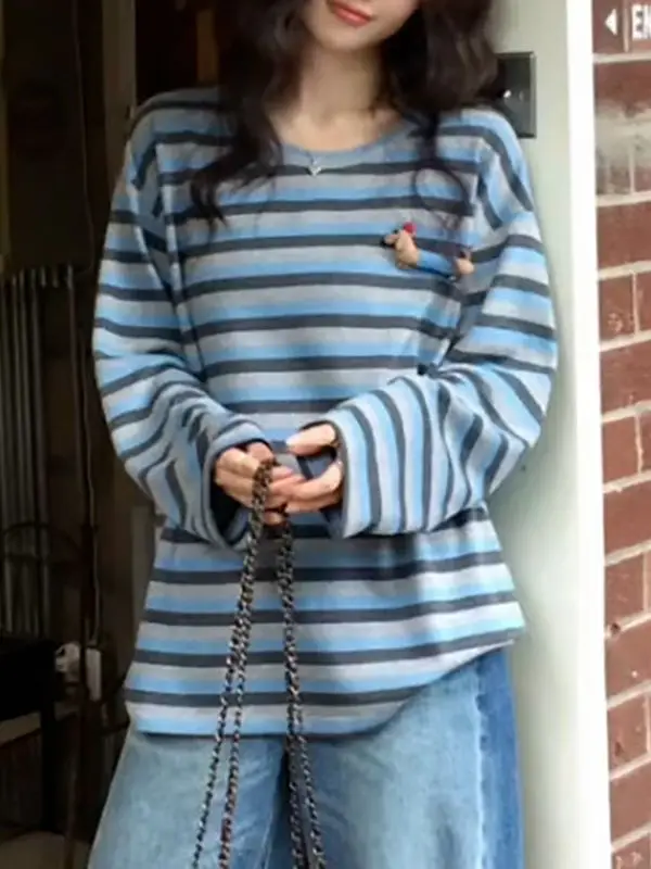

Новинка осени 2025 года, полосатая футболка с длинными рукавами для женщин, шикарный уникальный свободный топ