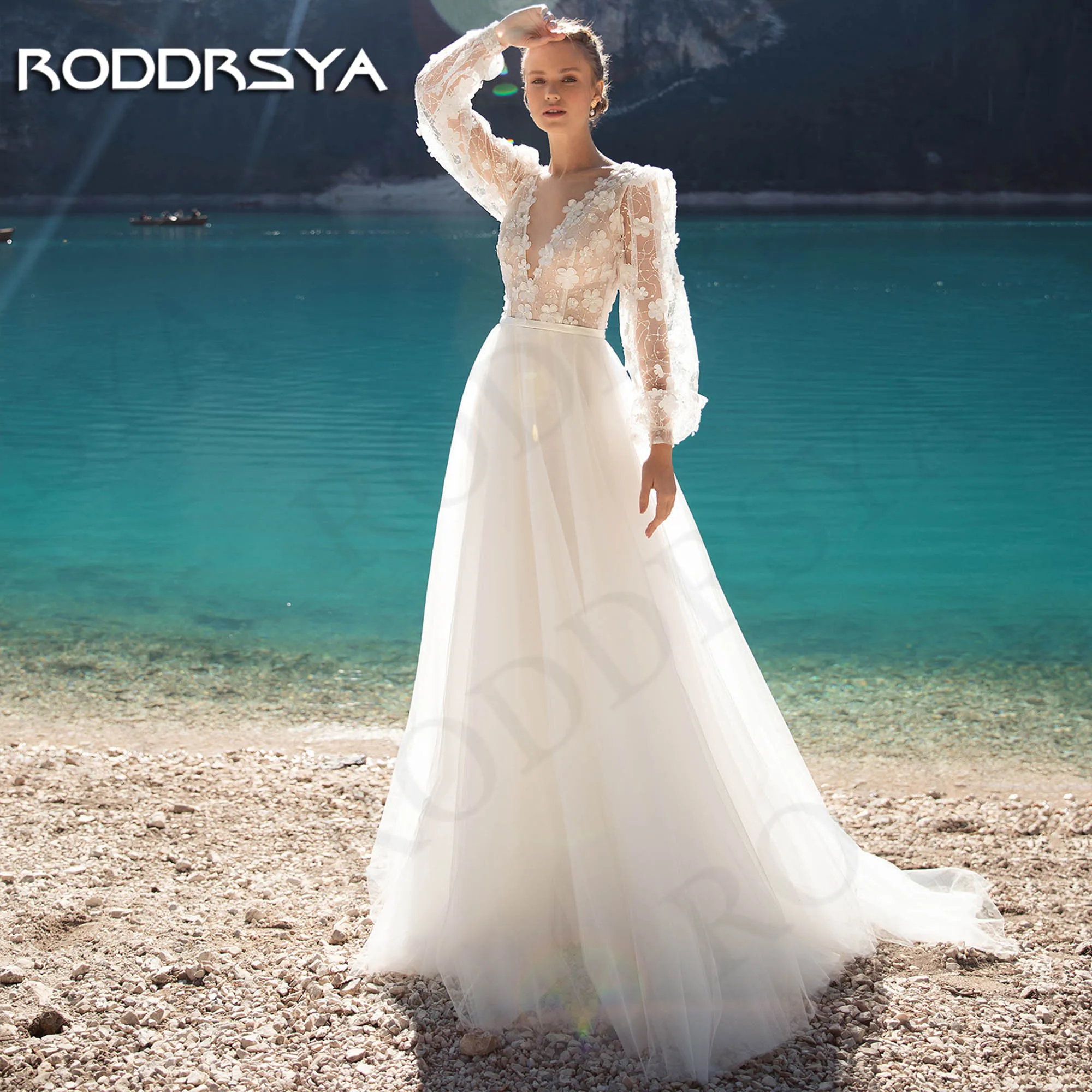 RODDRSYA Boho dantel puf Dleeves gelinlik 2024 3D çiçekler tül Backless A Line gelin elbise vestido de boboda sivil