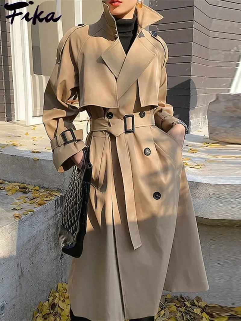 Elegant Khaki Long Trench Coats for Women Vintage Double Breasted Black Windbreaker Korean Casual Loose Long OverCoat Streetwear