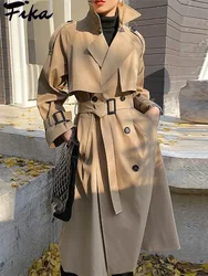 Elegante Khaki Long Trench Coats para Mulheres Vintage Double Breasted Blusão Preto Coreano Casual Loose Long Overcoat Streetwear