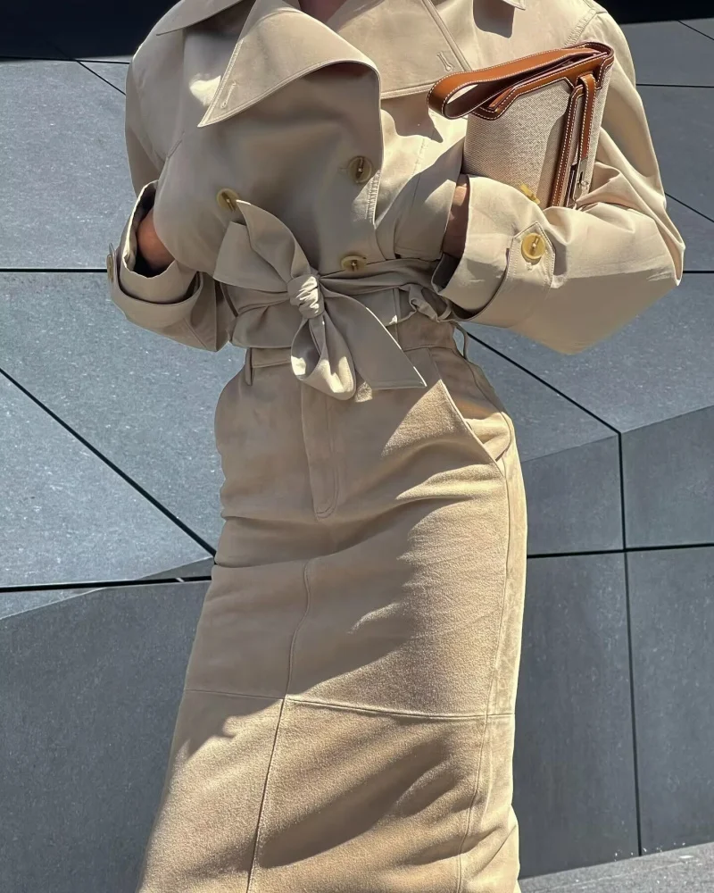 

long sleeve belt lapel jacket short coat new women's British wind trench coat style double-breasted