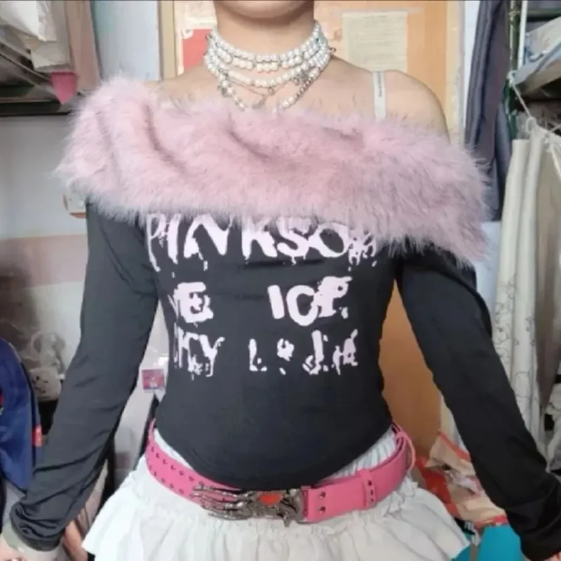 Furry Patchwork Slash Neck Tshirts Women Sexy Letter Printed Slim Fit Short Tops Korean Temperament Spicy Girl Y2k Tees