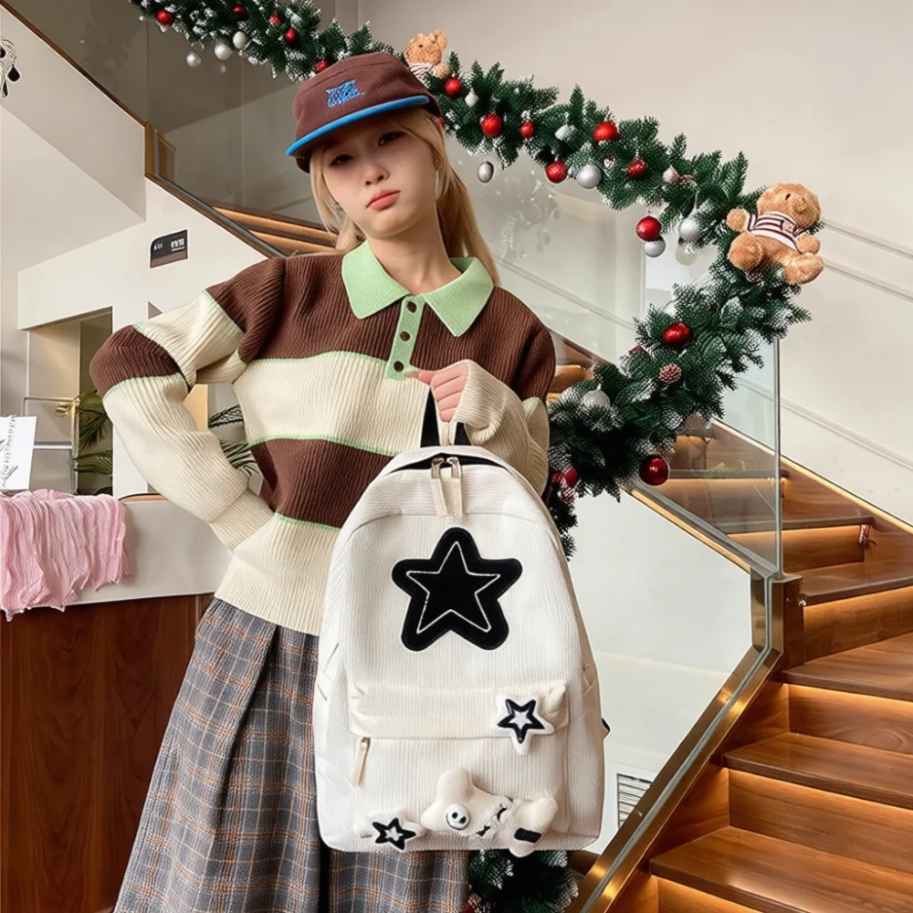 Teen Girl School Backpack Star Embroidery Design Japanese Style Bookbag Large Capacity Travel Bag Durable Urban Pack