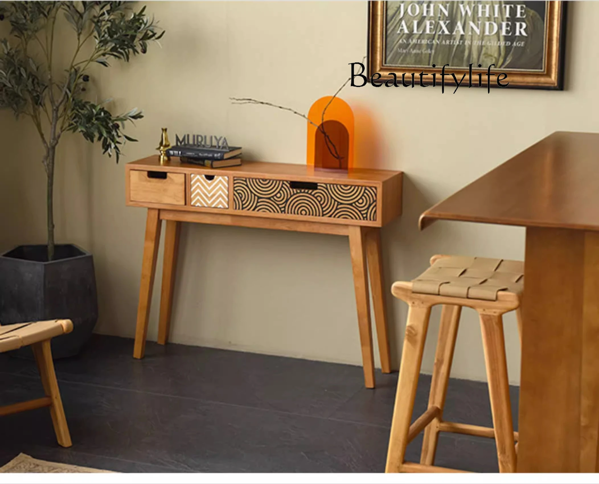 

Entrance table Solid wood cabinet Nordic entrance corridor side cabinet Modern simple strip case narrow table Retro entrance tab