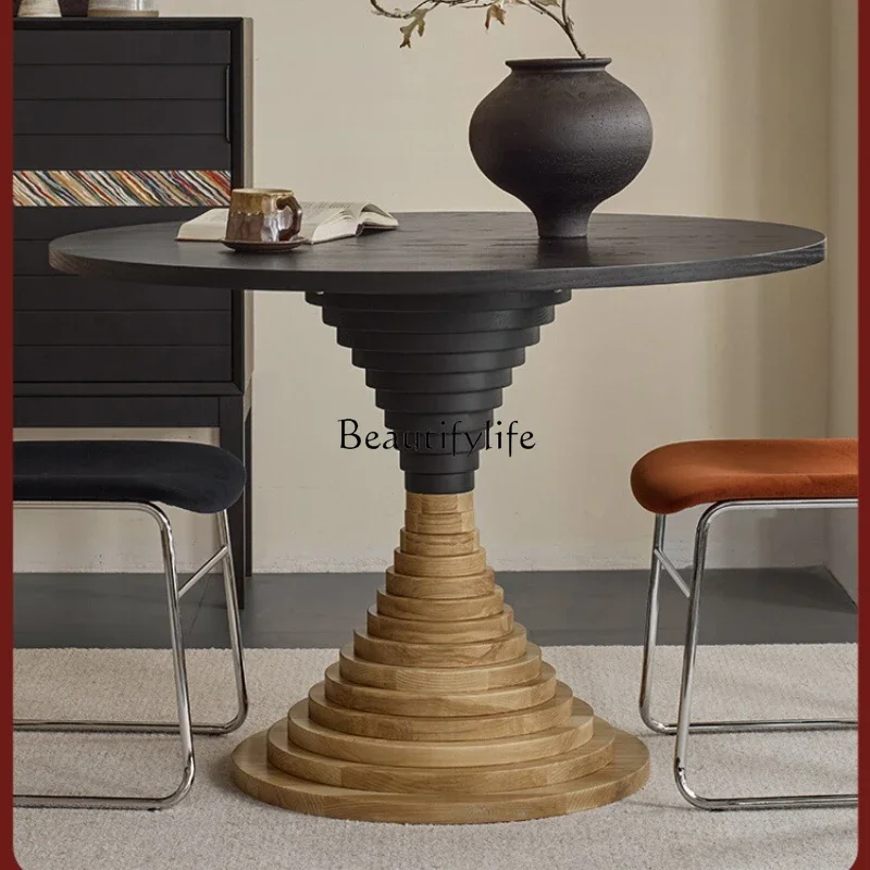

ls 42Light sandalwood small apartment living room household ash wood retro round table eating table and chairs