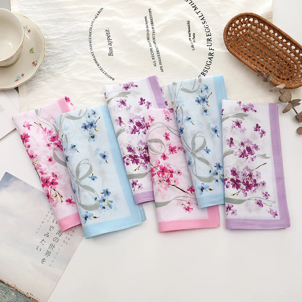 3/6 Pcs Combed Pure Cotton 43CM Color Printed Women's Handkerchief Japanese Small Fresh Wipe Sweat Thin