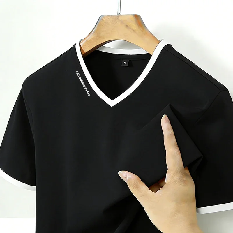 Men's Casual V Neck Short Sleeve T Shirt Contrast Collar & Cuff Slim Fit Daily Wear Top 2026
