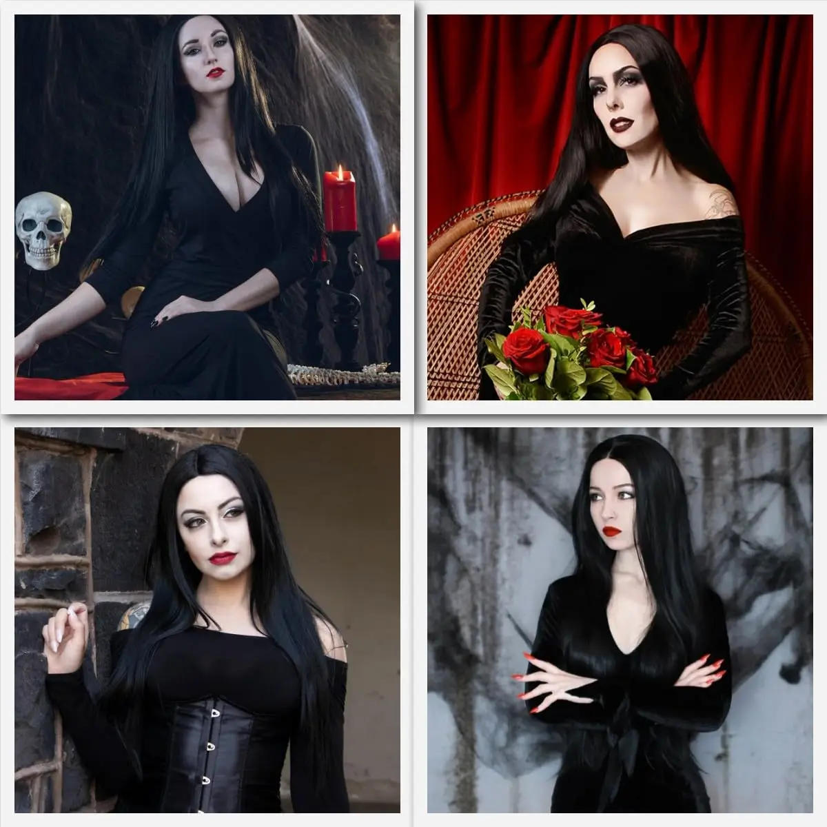 Synthetische lange zwarte pruik voor vrouwen Halloween kostuum 30'' rechte lange zwarte pruik natuurlijke schattige pruik voor vrouwen, Morticia Addams pruik
