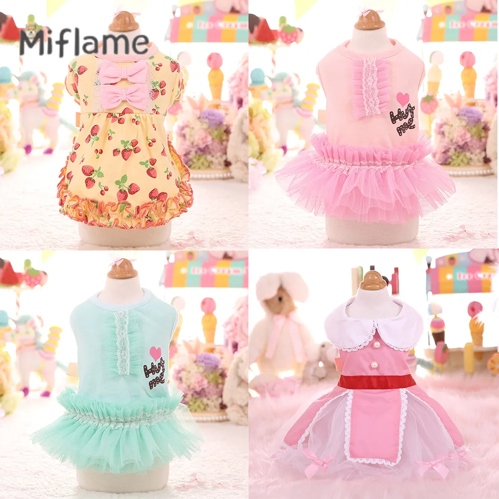 

Miflame Cute Print Small Dogs Clothes Yorkies Bichon Schnauzer Lace Trim Puppy Dress Hemmed Pet Dog Skirt For Dog Cat Clothing