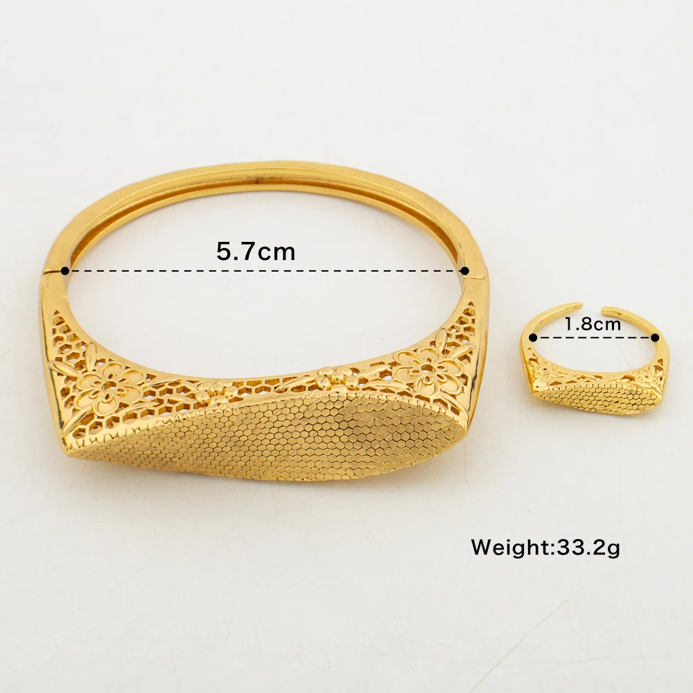 Ethiopian Gold Color Bangle Jewelry Set for Party Ladies Retro Design Hand Bracelet and Cocktail Ring 2Pcs Set for Brazilian