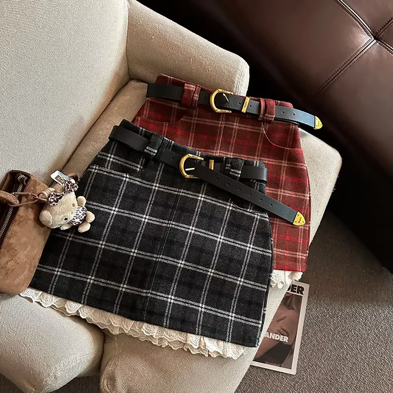 Renda retalhos xadrez mini saias femininas outono inverno cintura alta sem cinto saias de lã falsa y2k moda preppy todos os jogos uma linha saia