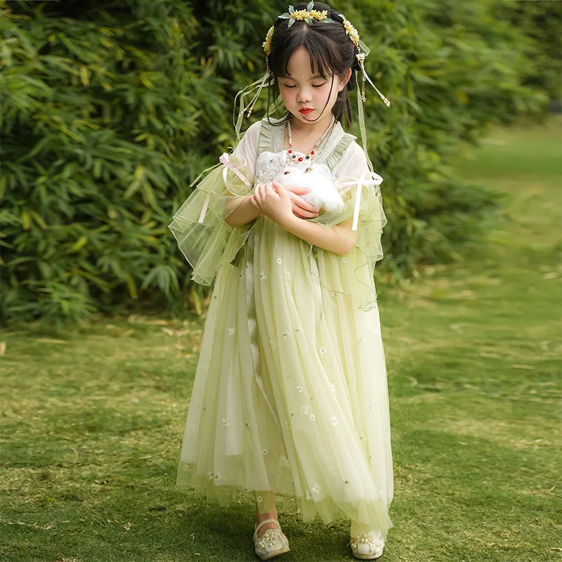 Girls Hanfu 2024 New Spring Dress Chinese Style Ancient Embroidered Girl Princess Dress Children's Clothing