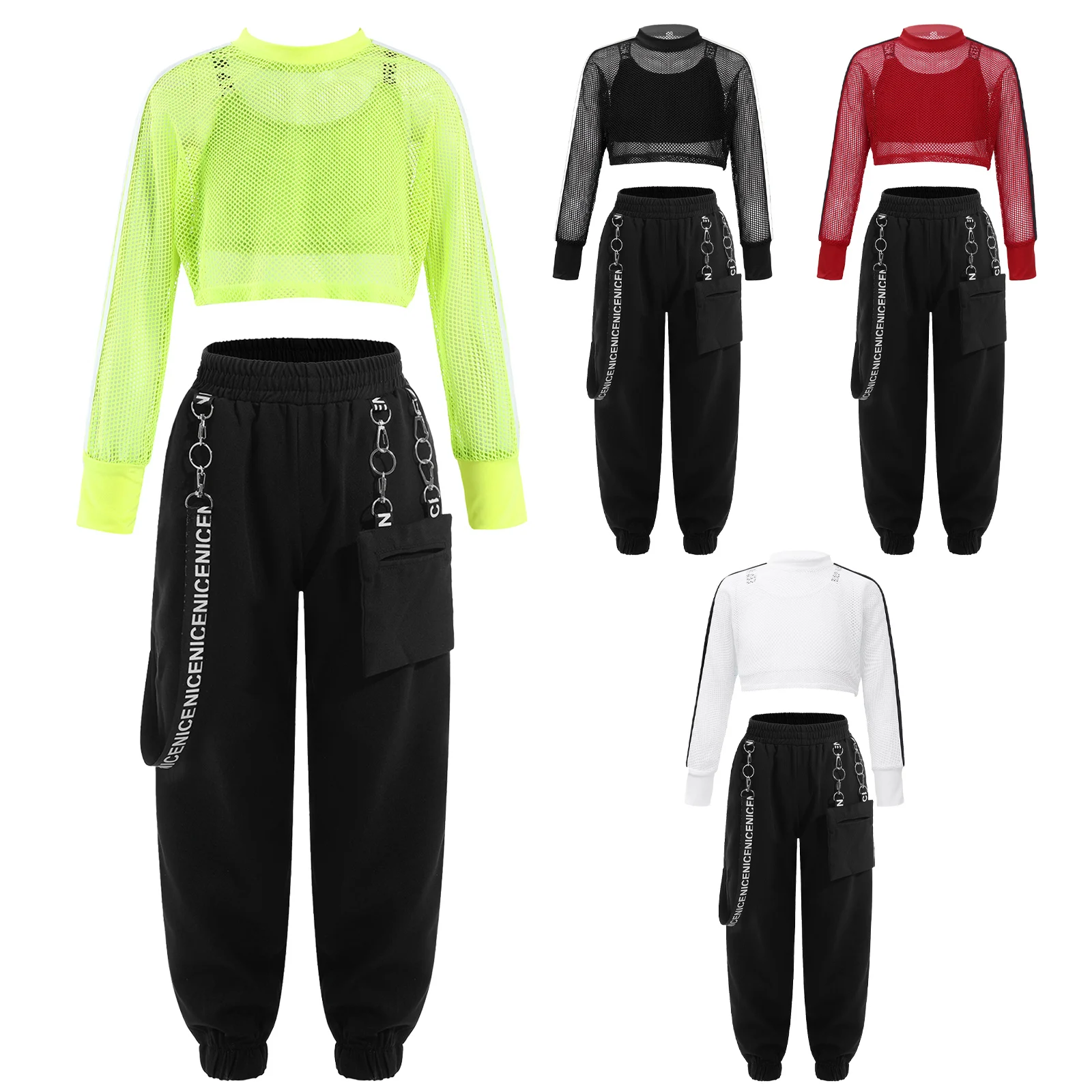 Kids Girls Hip-Hop Jazz Street Modern Dance Clothes Outfits Vest Tops Cargo Sweatpants Net Cover Up Ballroom Costume Streetwear