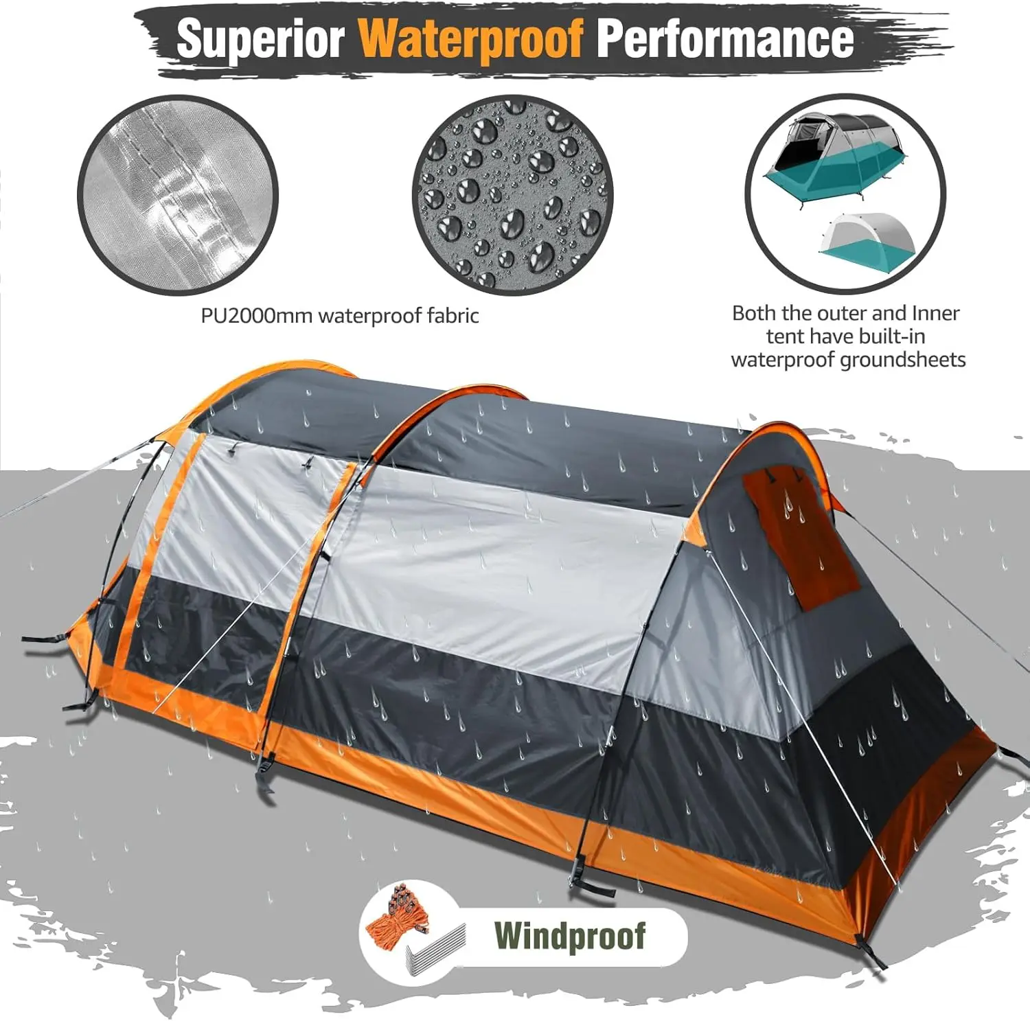 4 Person Tunnel Family Camping Tent 2 Doors Double Waterproof Groundsheets Screened Room Porch 4