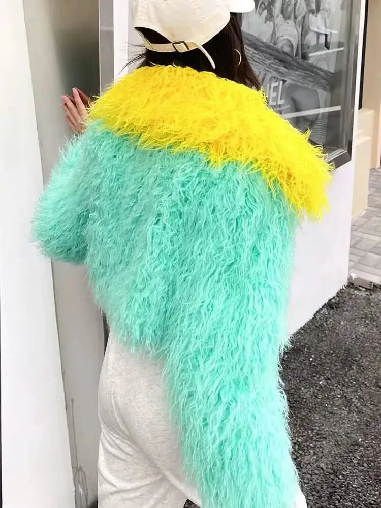 Women Faux Sheep Coat Contrast Color Lapel Top Cropped Winter Fur Jacket Woman Outerwears New In Coats & Jackets