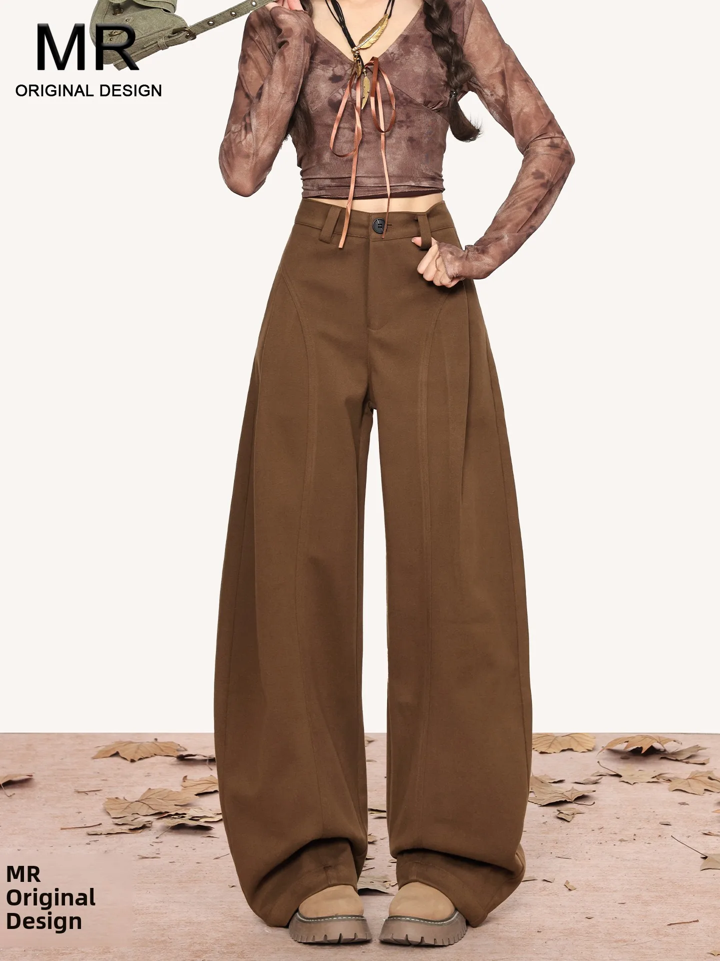 

Карамельно-коричневые женские брюки с высокой талией, широкими штанинами, свободного кроя, стройнящие, струящиеся, прямые, повседневные