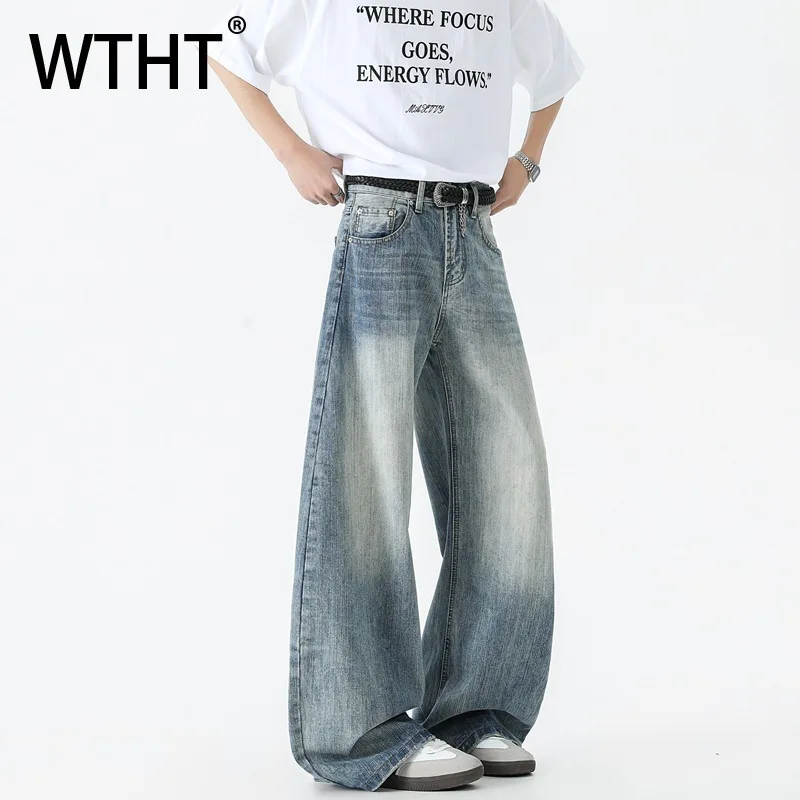 

WTHT винтажные осенние мужские градиентные старые свободные джинсовые брюки 2025 года, модные повседневные широкие джинсы с высокой талией, мужские 2A2375