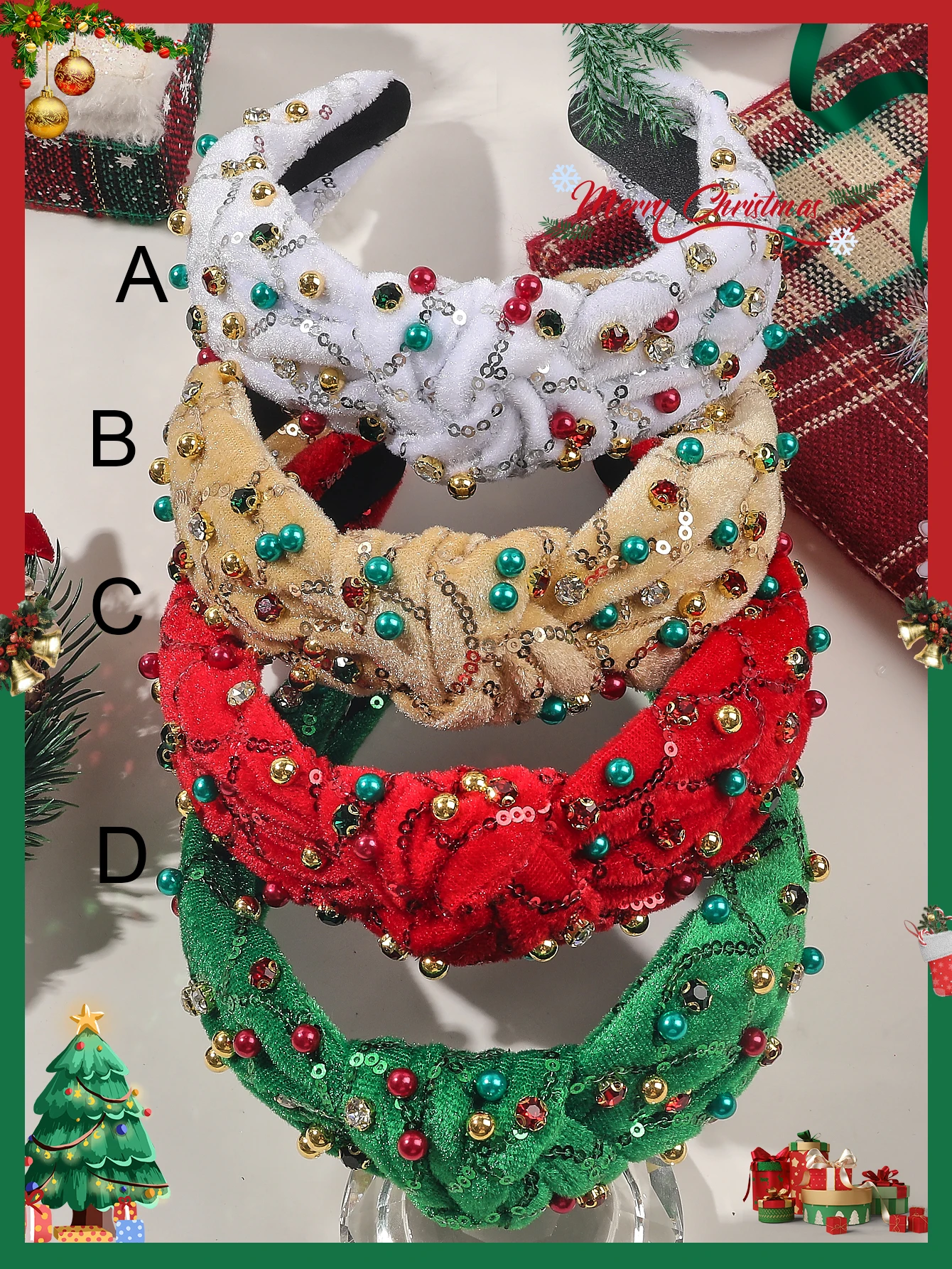 Christmas Headband for Women Xmas Green Crystal Hairband Elegant Ladies Wide Knot Hair Hoop Accessories Holiday Outfit Gift