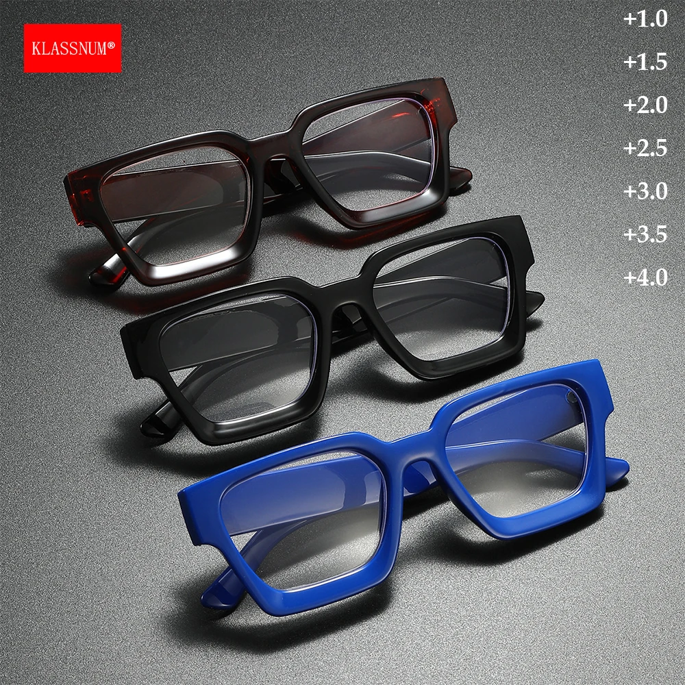 KLASSNUM Men Square Presbyopia Reading Glasses Trendy Large Thick Frame Magnifing Lens Plus Glasses Eyeglasses Diopter +1.0~+3.5