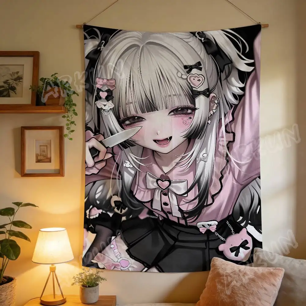 Y2K Gothic Anime Girl Tapestry Pink Black Harajuku Style Character Wall Hanging Cloth for Teen Bedroom Dorm Aesthetic Wall Decor