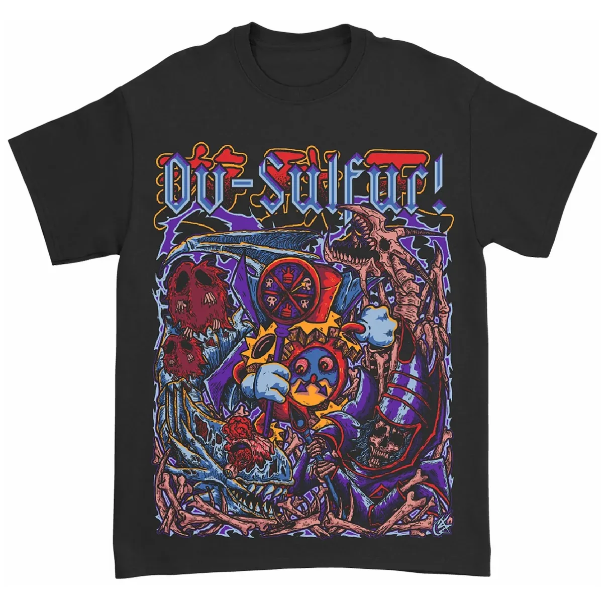 Ov Sulfur Macabre Whimsical Graphic T‑Shirt Dense Surreal Cartoon Artwork Cackling Skeleton Mage Occult Totem Staff