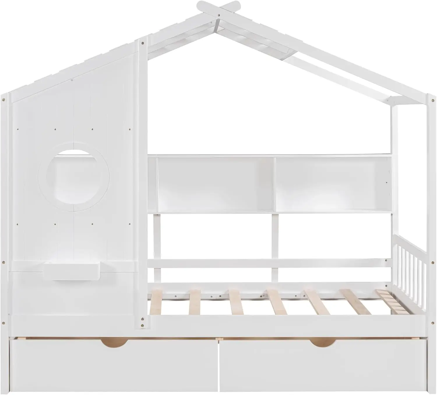سرير منزلي مزدوج الحجم مع أدراج تخزين، أرفف، سقف، أبيض