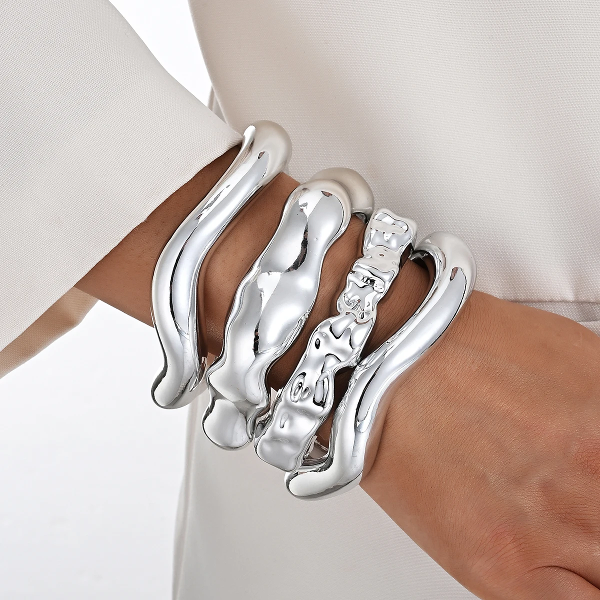 4pcs Vintage Exaggerated Irregular Wave Cuff Bracelet Bangles Set for Women Men Punk Gothic Wide Arm Bangle Chunky Jewelry Gifts