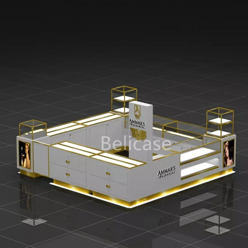 Custom High End Perfume Display Glass Counter Table Perfume Selling Kiosk For Shopping Malls Showroom Design Kiosk