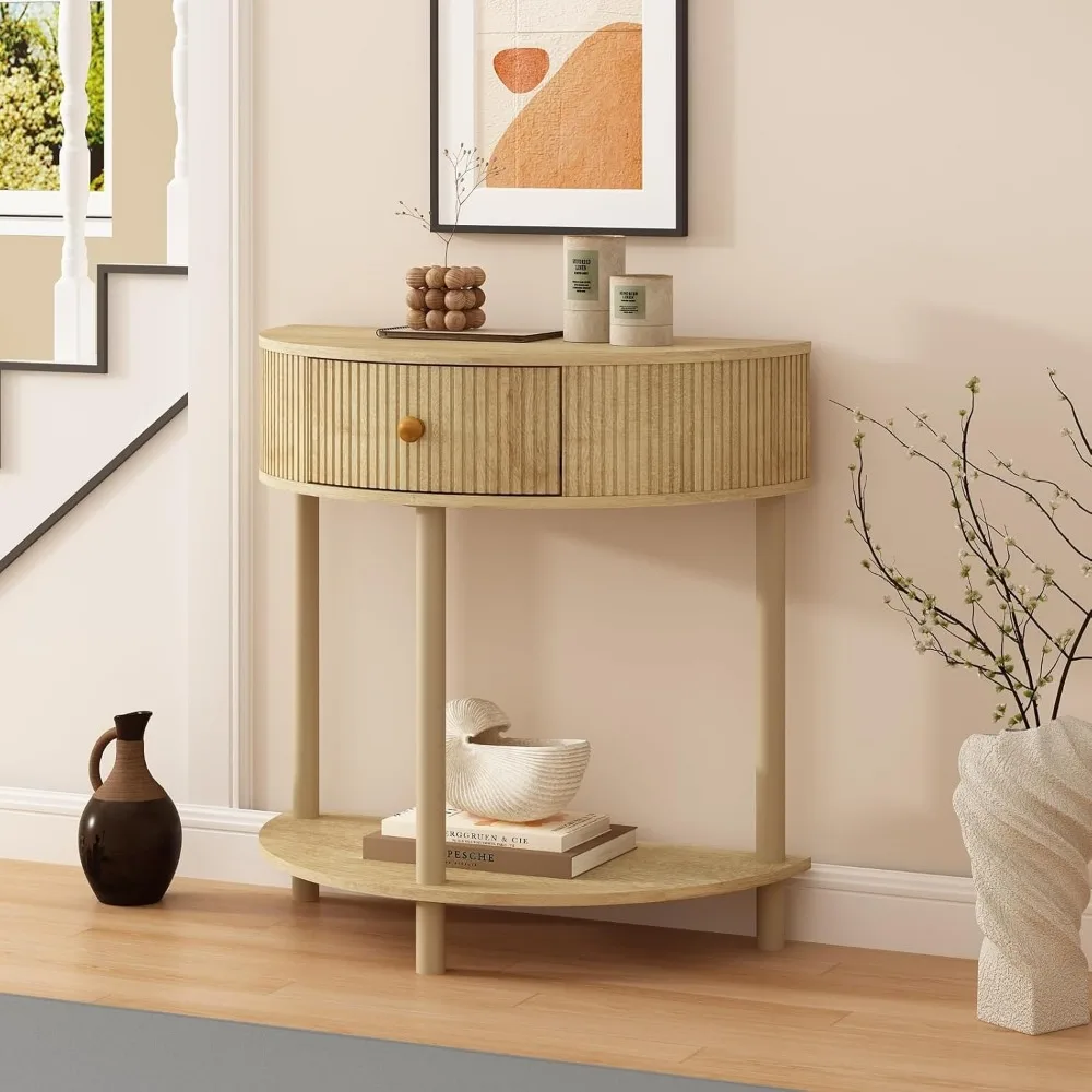 

Fluted Half Moon Console Table,Bohemia Small Entryway Table with Drawer, Modern Half Round Sofa Table with Bottom Stora