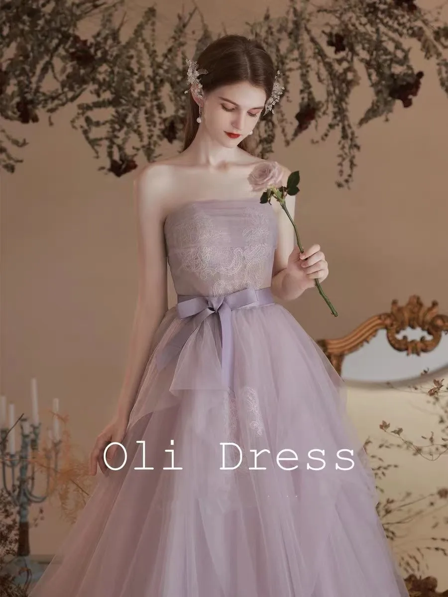 

Elegant Purple Bridesmaid Dresses A Line Sexy Strapless Lace Up Tulle Prom Party Homecoming Performance Graduation Gown Vestidos