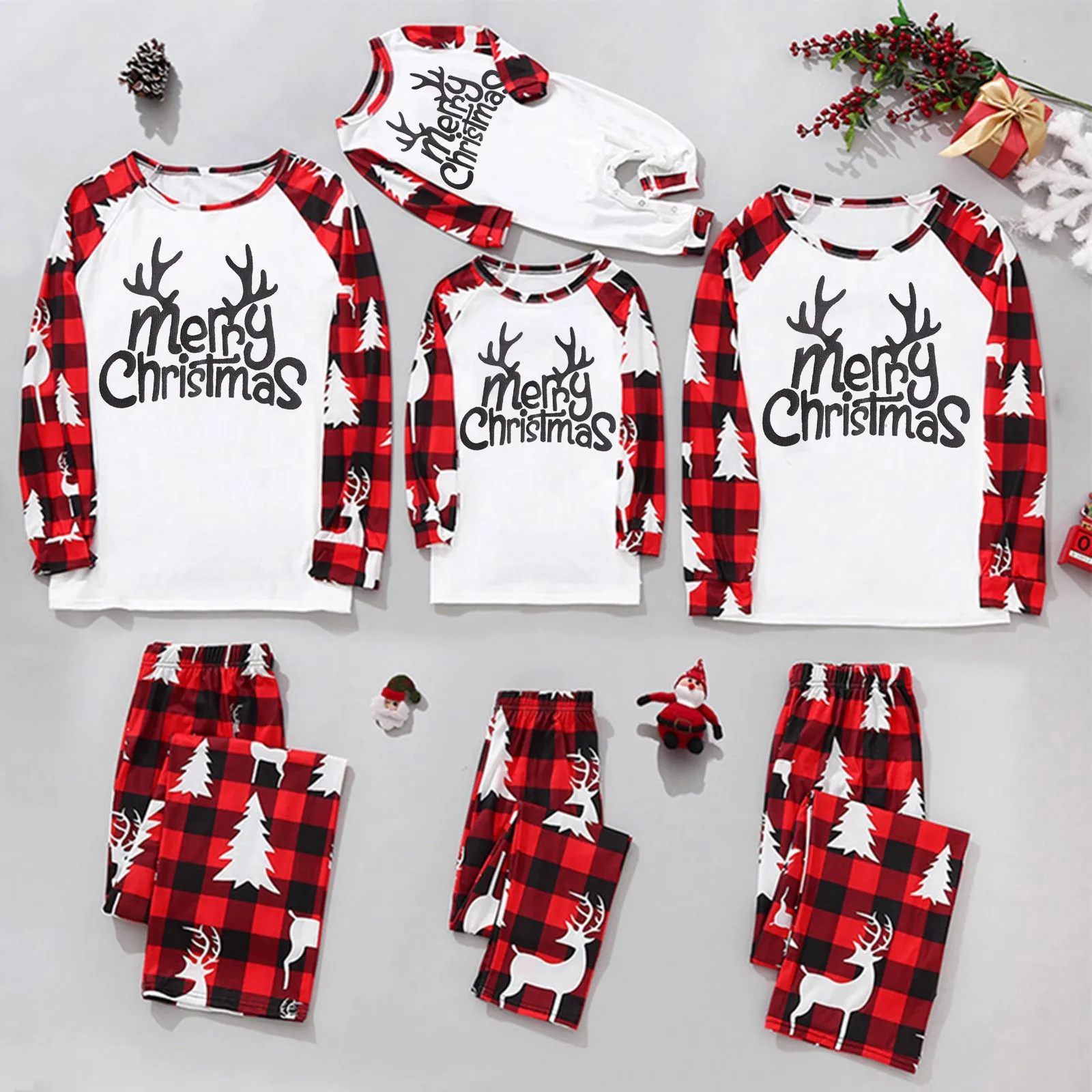 Christmas Pajamas Adult Kid Family Matching Outfits Cute Antlers Letter Print Pajamas Plaid Long Sleeves Soft Xmas Pajamas Gift