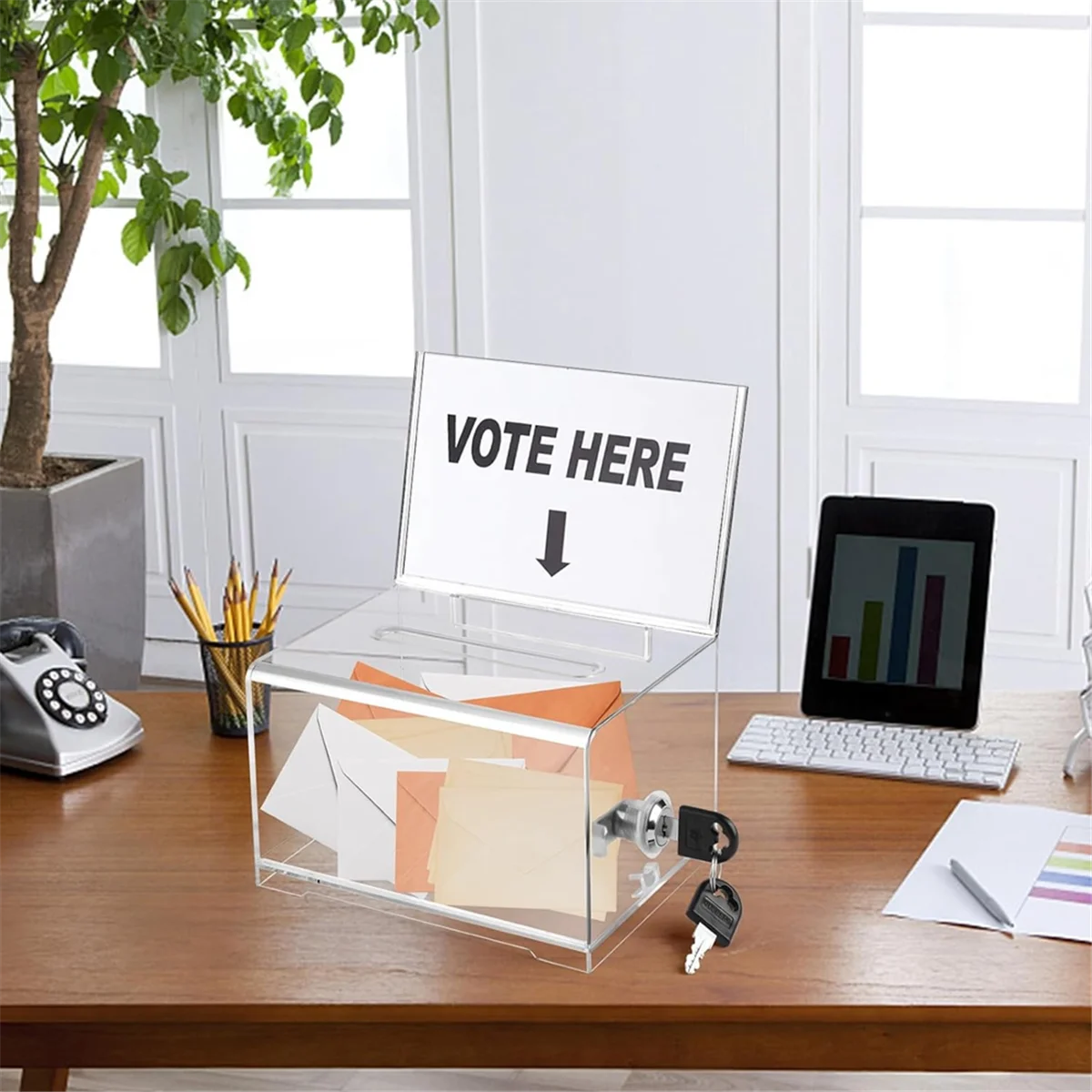 1 Pack Acrylic Donation Box with Lock, Clear Ballot Box with Sign Holder, Suggestion Box for Fundraising