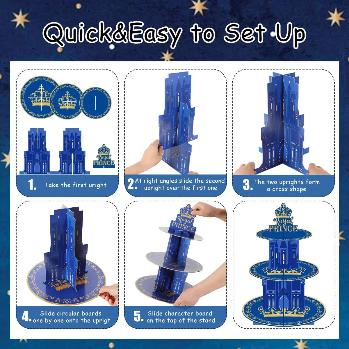 JOYMEMO Royal Prince Cake Cupcake Stand Blue 3-Tier Cake Holder Royal Prince Birthday Party Baby Shower Decorations Supplies