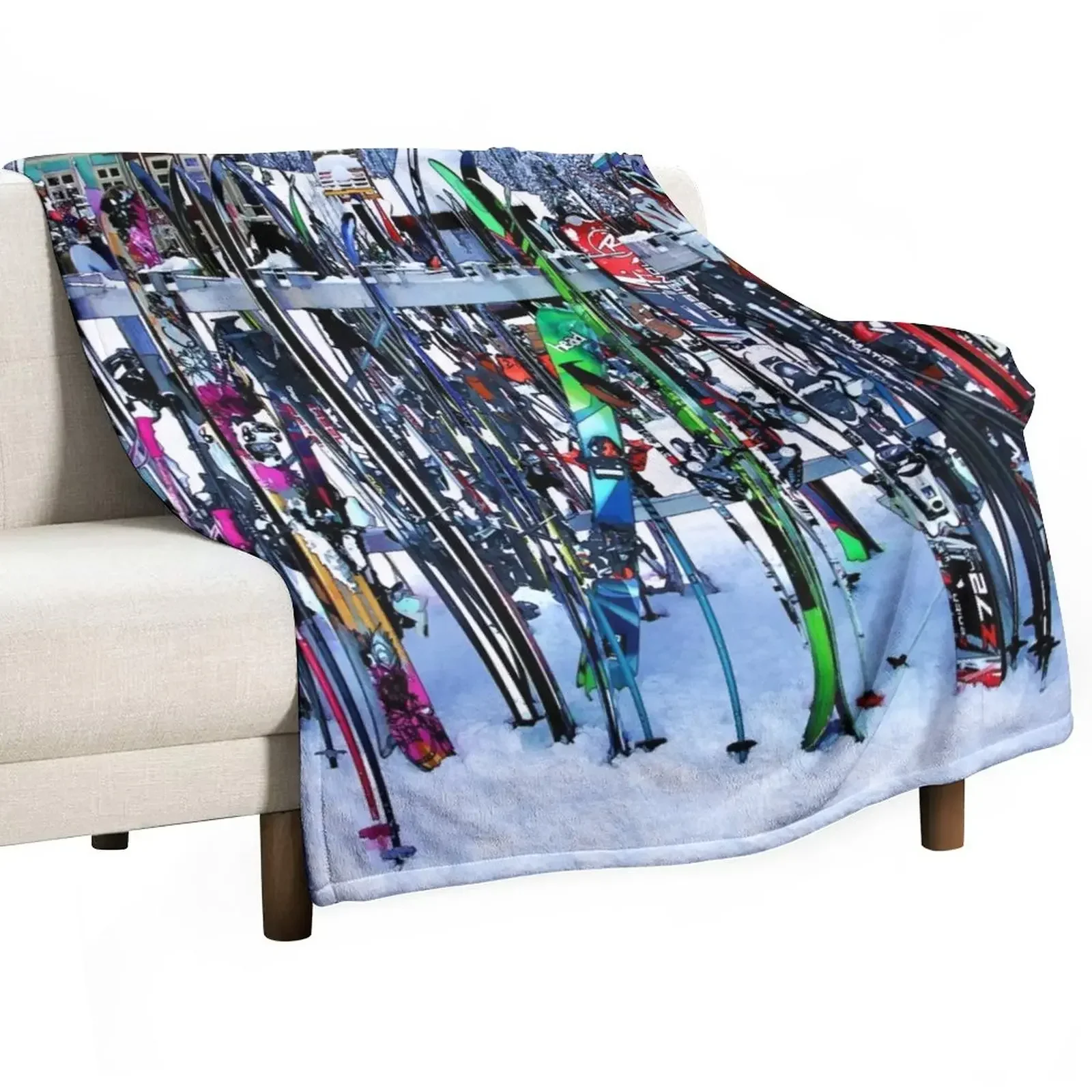 Ski Party - Skis and Poles Throw Blanket bed plaid Single Bed linens Blankets