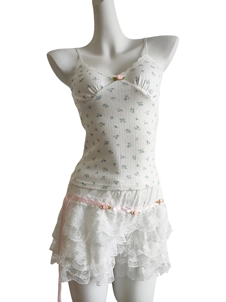 

Милый комплект из 2 предметов для милых девочек, хлопковый укороченный топ с цветочным принтом, кружевные шорты, комплекты с кружевной отделкой и бантами, украшение, кавайная одежда