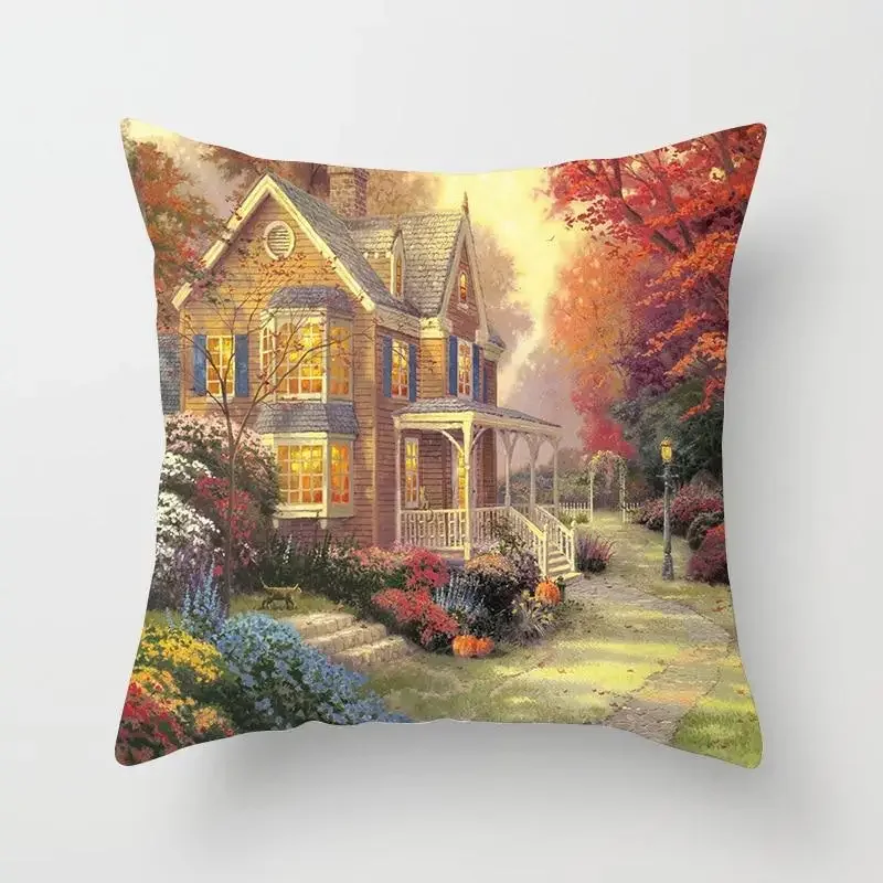 Retro Rural Color Cities Pillowcase Creative Cushion Cover for Sofa Home Car Decor Colorful Cartoon House pillow case