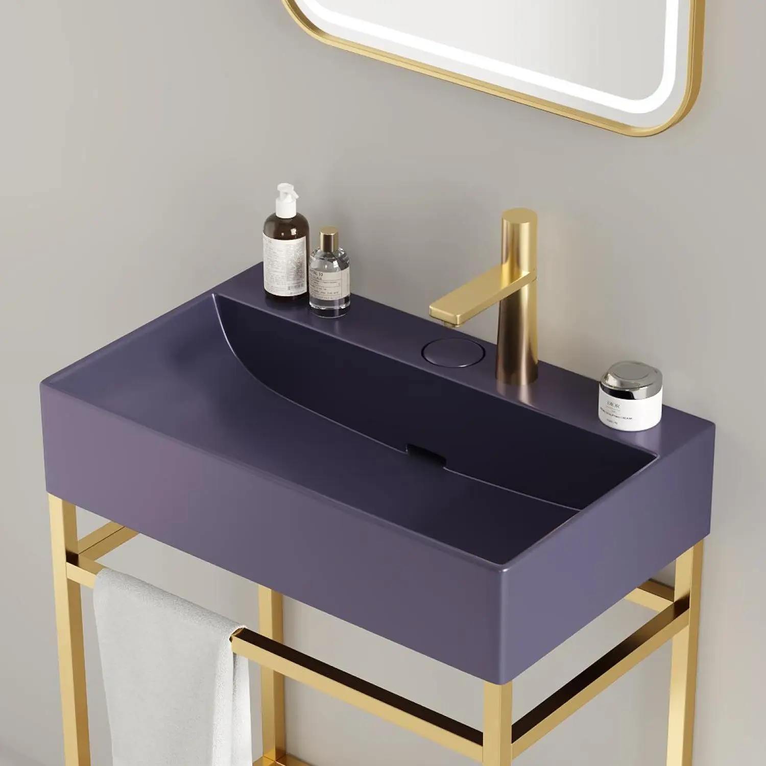 

24" Freestanding Bathroom Vanity with Ceramic Basin, Glossy Purple, Open Metal Leg, Storage Shelves, Gold