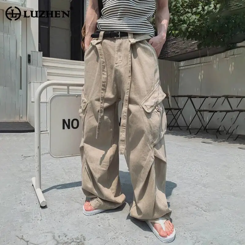 LUZHEN 2026 New Solid Color Multi Pockets Design Loose Straight Cargo Pants Men Fashion Handsome Wide Leg Casual Trousers JY7984