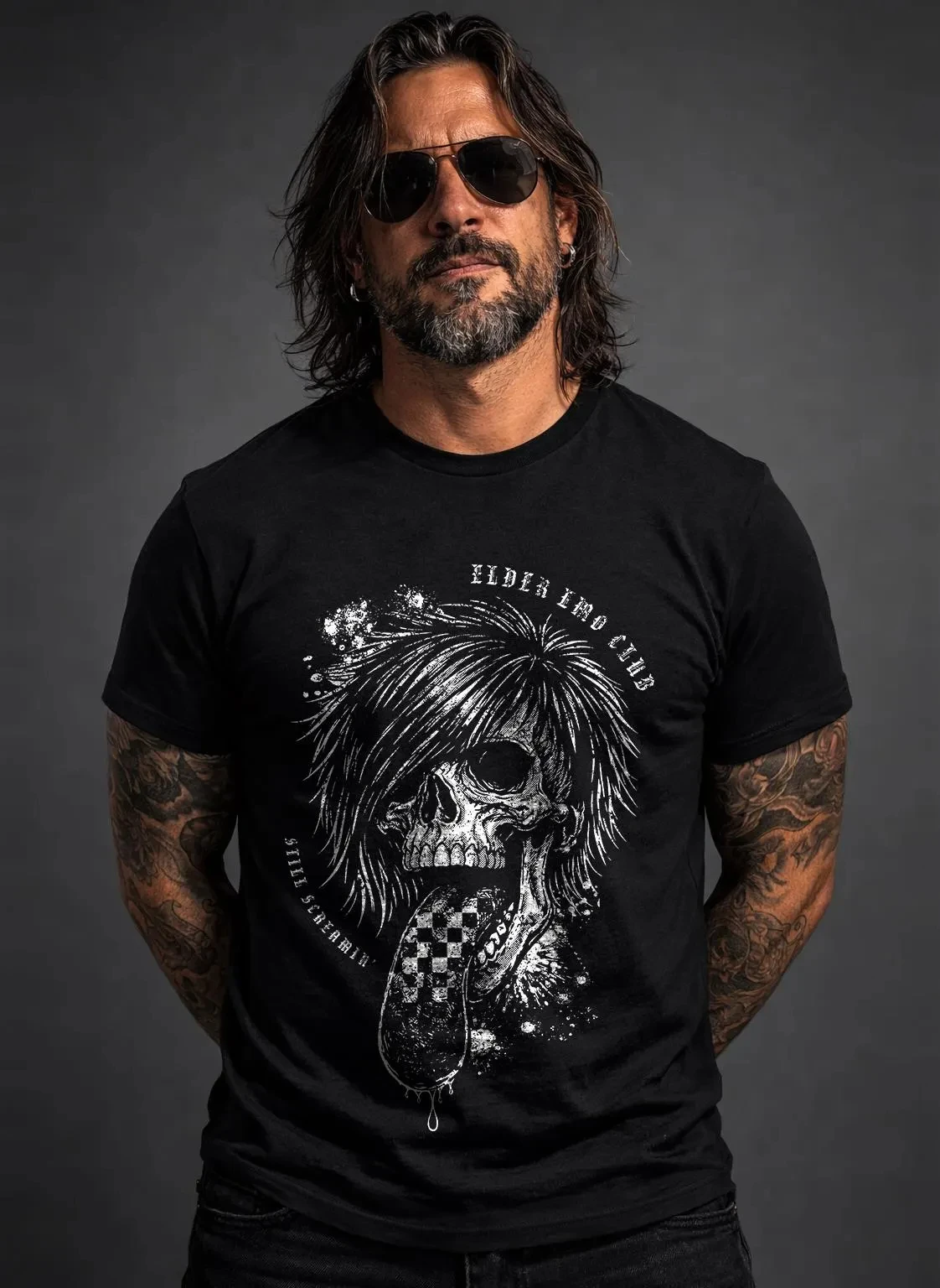 “Men's 'Later Pro Club Still Screamin'' Retro 90s Rock Skeleton Graphic T-Shirt Mosh Pit Grunge Punk Chessboard Tongue Oversize