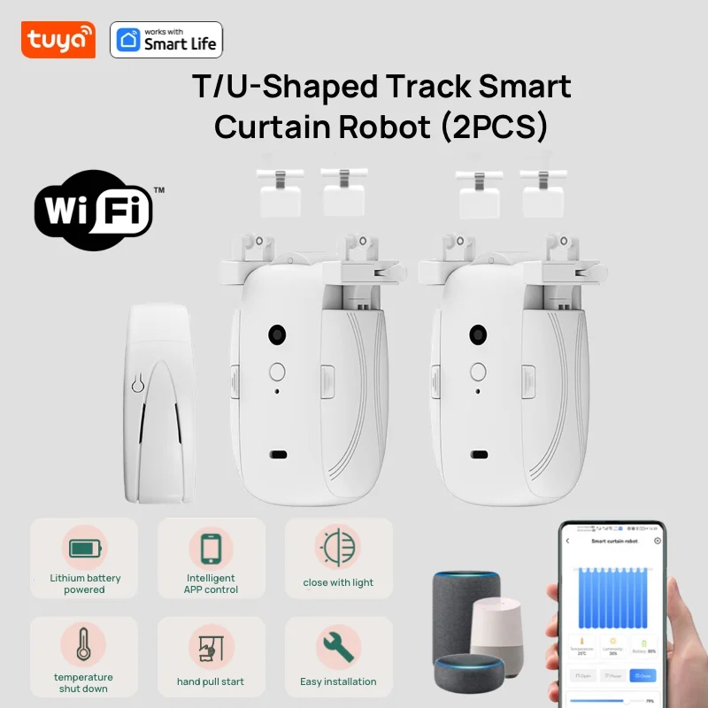 Tuya Smart Curtain Robot WiFi APP Afstandsbediening/stembediening (Alexa Google Siri) ForTU-Rail-vormige track, trek-tot-start, 8 kg belasting