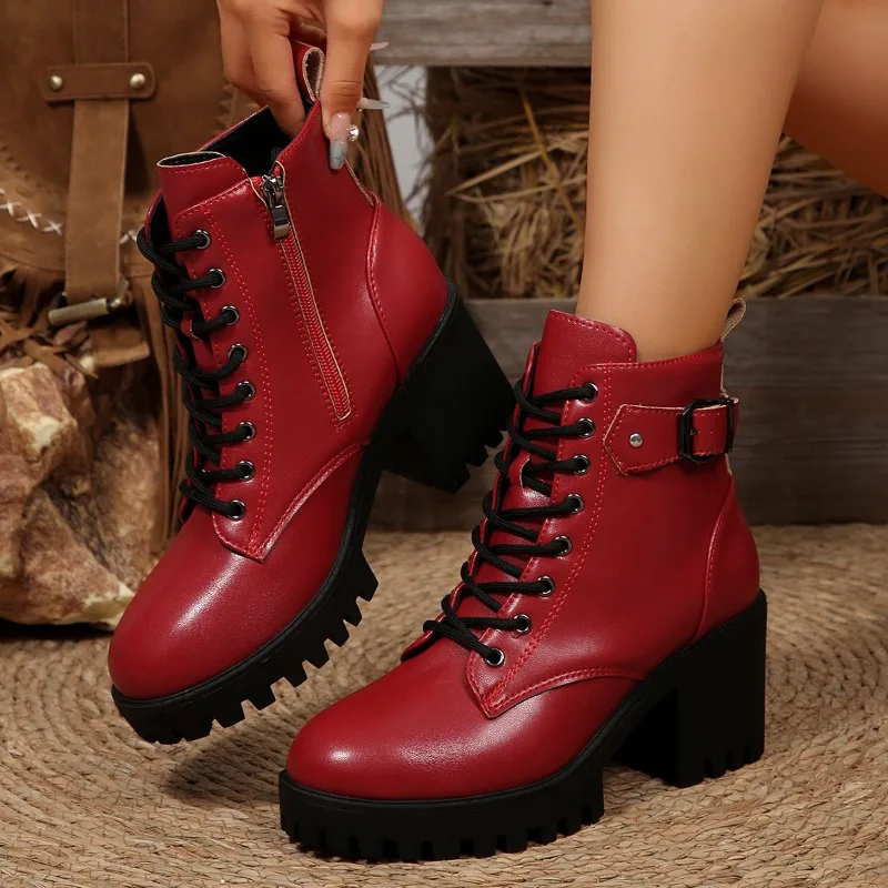 Fashion High Heel Boots Women's Round Toe Metal Buckle Side Zip Front Lace-Up Platform Non-Slip Shorthole Boots