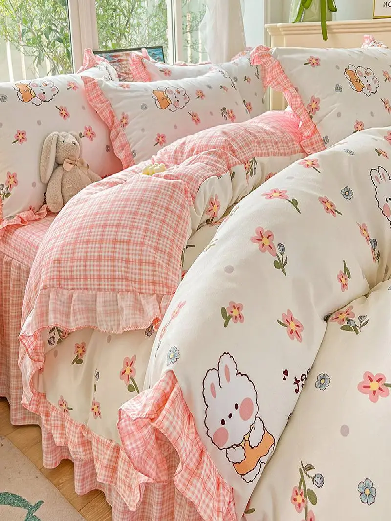 

Korean Style Freshened Brushed Bedding Set Three Piece Student Dormitory Cartoon Lace Coverlet Duvet Cover Skirt Style Bedding