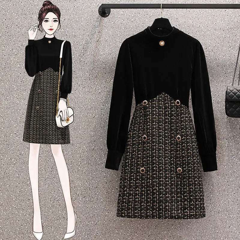 Elegant Long Sleeve Vintage Stand Collar Chic Velvet Spliced Coarse Tweed Slim A-line Dresses High Street Autumn Winter Clothing