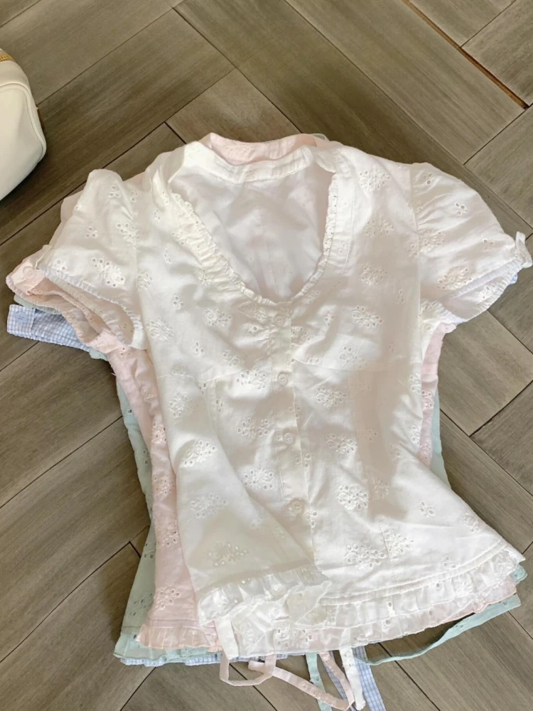 Camisetas ajustadas de manga corta con cuello en V de Francia para mujer, camisetas ajustadas lisas finas con diseño a la moda, Tops Vintage con cordones para mujer