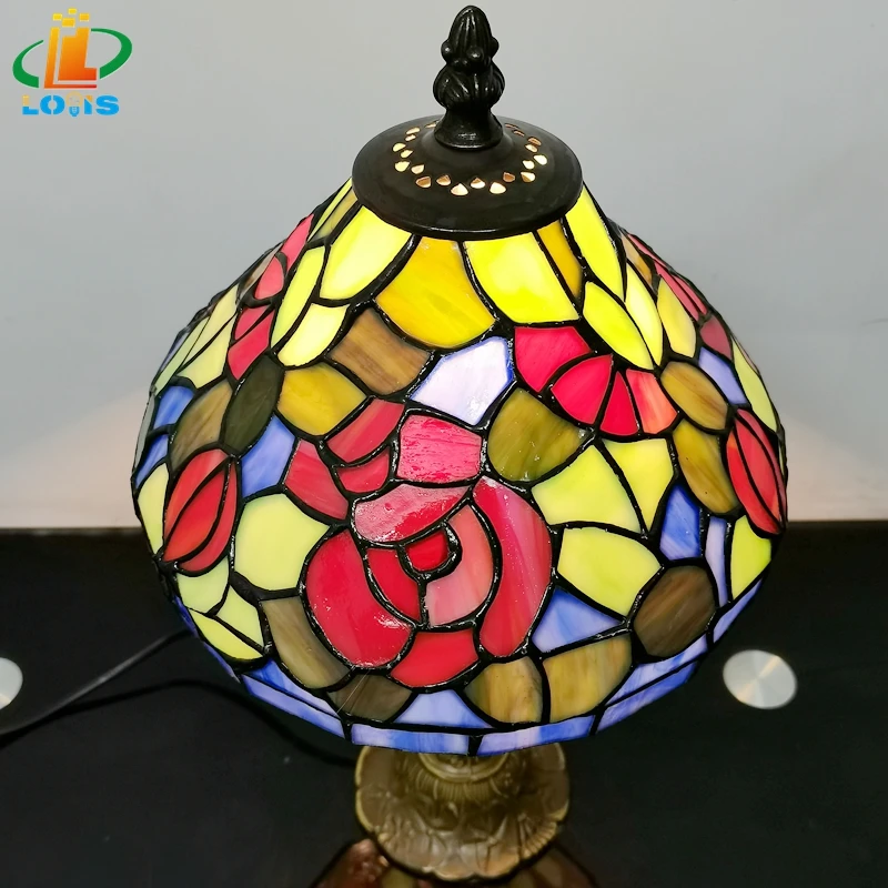 8 Inch Red Flower Warm Color Small Table Lamp Tiffany Style Bedroom Bedside Feeding Night Lamp Antique Glazed Art Lighting