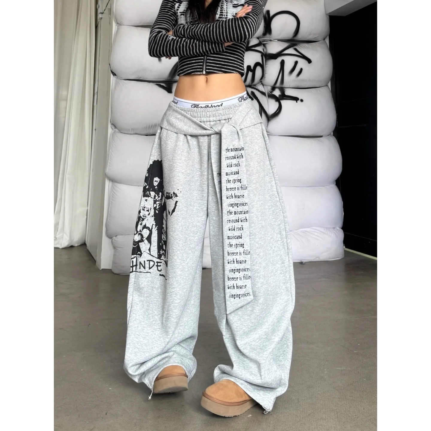 BB Women Gray Gothic Baggy Y2k Letter Print Pants Harajuku 2000s Vintage Oversize Sweatpants Wide Leg Trousers Autumn