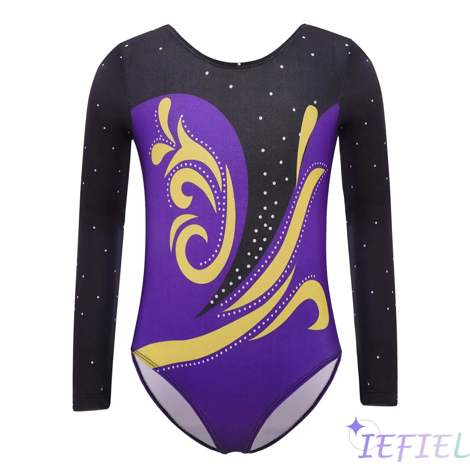 

Kids Girls Gymnastics Dance Leotards Round Neck Long Sleeve U Back Color Block Printed Bodysuit for Ballet Yoga Dance Practice