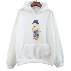 Sudaderas con capucha con estampado de oso de dibujos animados para mujer, ropa de lana, jerséis cómodos de cuello redondo, manga larga informal, Invierno