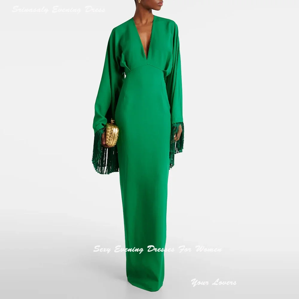 

Customized V-Neck Crepe Evening Dresses With Tassel Long Sleeve فساتين سهرة Empire Waist Long Cocktail Party Gowns